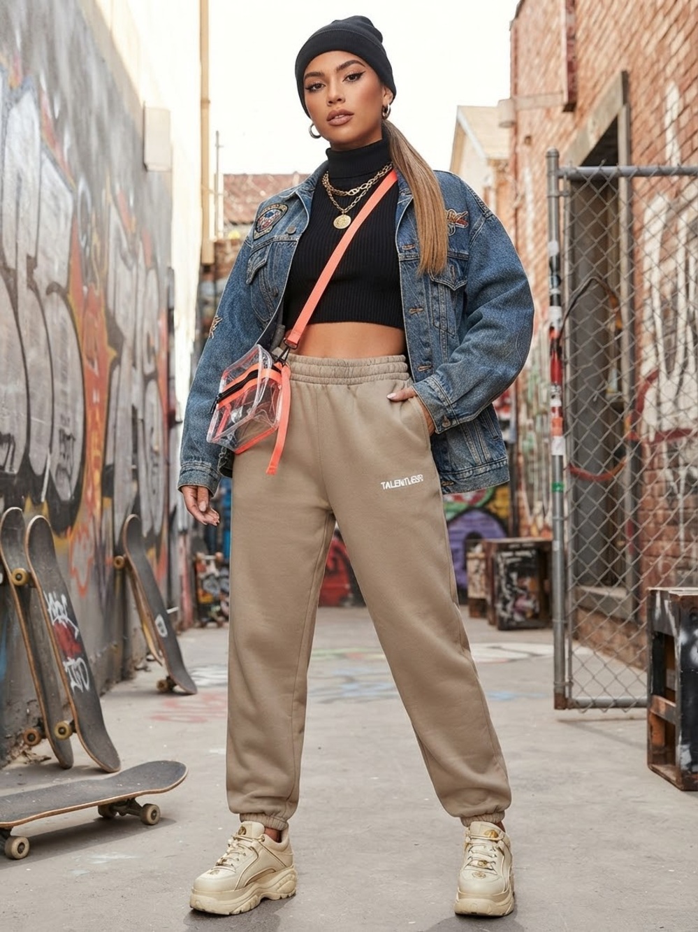 TALENTLESS Beige Logo Sweatpants - Elastic Waist Joggers pockets XS drawstring